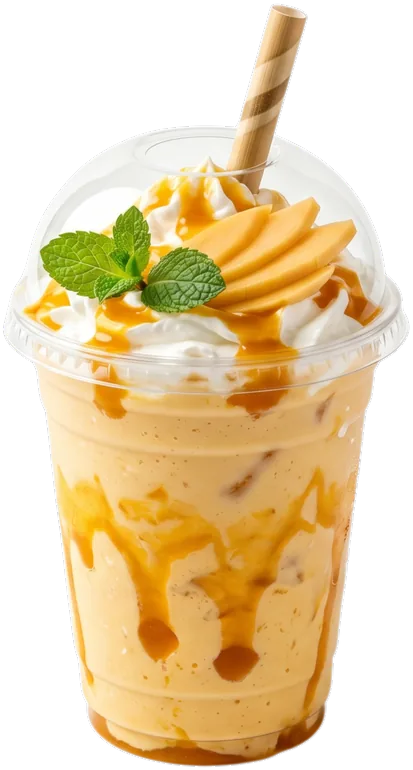 A mango milkshake in a cup, topped with cream, mango slices and mint