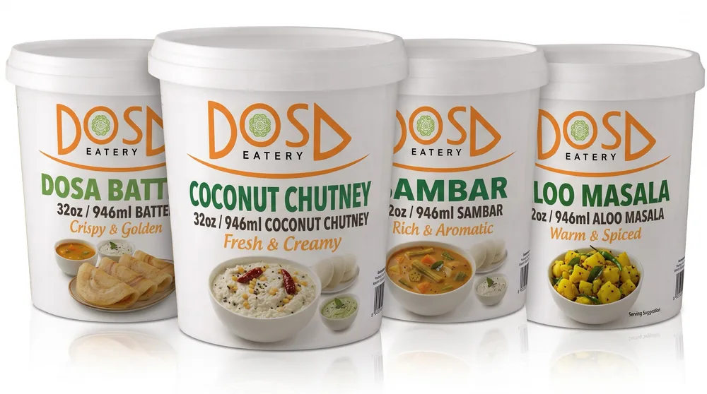 The Dosa DIY Kit: four 32 oz tubs of Dosa Eatery dosa batter, aloo masala, sambar and coconut chutney